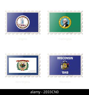 Timbre-poste avec l'image de Virginia, Washington, Virginie occidentale, drapeau d'État du Wisconsin. Illustration vectorielle. Illustration de Vecteur