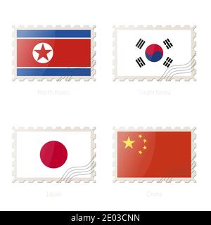 Timbre-poste avec l'image de la Corée du Nord, de la Corée du Sud, du Japon, du drapeau chinois. Illustration vectorielle. Illustration de Vecteur