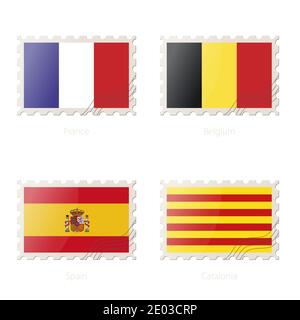 Timbre-poste avec l'image de la France, de la Belgique, de l'Espagne, du drapeau de la Catalogne. Illustration vectorielle. Illustration de Vecteur