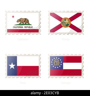 Timbre-poste avec l'image de la Californie, la Floride, le Texas, le drapeau d'État de Géorgie. Illustration vectorielle. Illustration de Vecteur