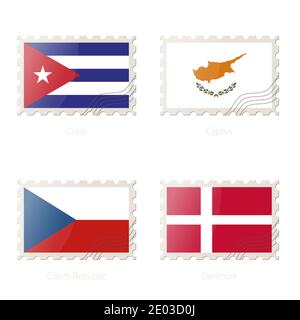 Timbre-poste avec l'image de Cuba, Chypre, République tchèque, drapeau du Danemark. République tchèque, Danemark, Cuba, Chypre drapeau Postage sur fond blanc avec Illustration de Vecteur