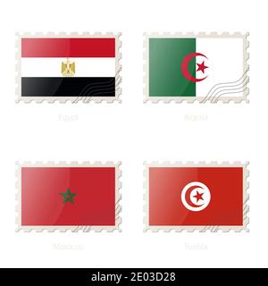 Timbre-poste avec l'image de l'Égypte, de l'Algérie, du Maroc, du drapeau de la Tunisie. Illustration vectorielle. Illustration de Vecteur