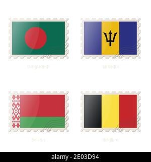 Timbre-poste avec l'image du drapeau du Bangladesh, de la Barbade, de la Biélorussie et de la Belgique. Bélarus, Belgique, Bangladesh, Barbade Pavillon Postage sur fond blanc W Illustration de Vecteur