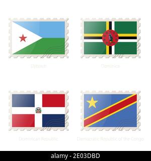 Timbre-poste avec l'image du drapeau de Djibouti, de la Dominique, de la République dominicaine et de la République démocratique du Congo. RD Congo, Djibouti, Dominique, dominicaine Illustration de Vecteur