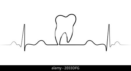 logo clinique dentaire médicale avec une seule ligne, impulsion vectorielle, et la dent du bureau dentaire icône dents molaires saines et battement de coeur Illustration de Vecteur