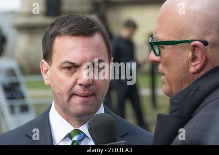 Tim Hudak, chef conservateur en Ontario, Canada. Scènes de la funérailles d'État pour Jim Flaherty, Toronto, Canada-avril 2014 Banque D'Images