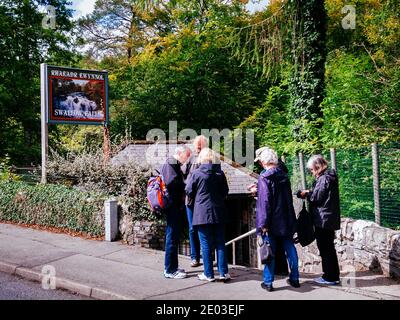 Visiteurs sur la chaussée à l'extérieur de l'entrée du point de vue pour Swallow Falls Rhaeadr Ewynnol), Betws-y-Coed, Conwy, Nord du pays de Galles, Royaume-Uni Banque D'Images