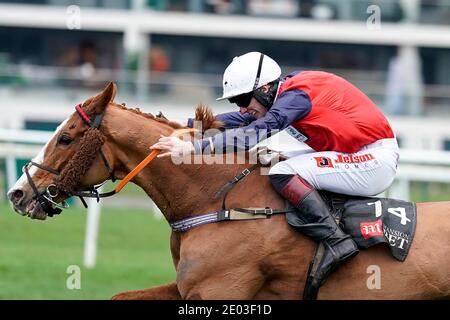 Jamie Bargary à cheval Amateurrun clair pour gagner le MansionBet's Best Odds Guaraned Mandarin handicap Chase à l'hippodrome de Newbury. Banque D'Images