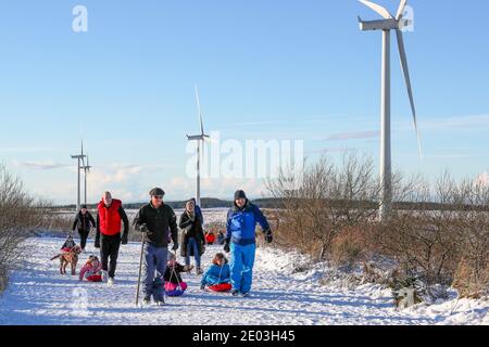 Whitelee Windfarm, Eaglesham Moor, près de Glasgow, Royaume-Uni. Après une lourde chute de neige d'une nuit, de nombreuses personnes se sont emparées des routes d'accès à Whitelee Windfarm, la plus grande d'Europe, pour faire de l'exercice et maintenir une distance sociale sûre. Whitelee est sur le côté sud de la ville de Glasgow, sur le bord de Eaglesham Moor et est le site de 215 éoliennes. Crédit : Findlay/Alay Live News Banque D'Images