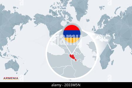 Carte du monde centrée sur l'Amérique avec l'Arménie magnifiée. Drapeau bleu et carte de l'Arménie. Illustration vectorielle abstraite. Illustration de Vecteur