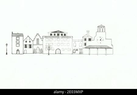 Un croquis noir et blanc des bâtiments sur livre blanc Banque D'Images