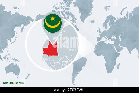 Carte du monde centrée sur l'Amérique avec la Mauritanie magnifiée. Drapeau bleu et carte de la Mauritanie. Illustration vectorielle abstraite. Illustration de Vecteur