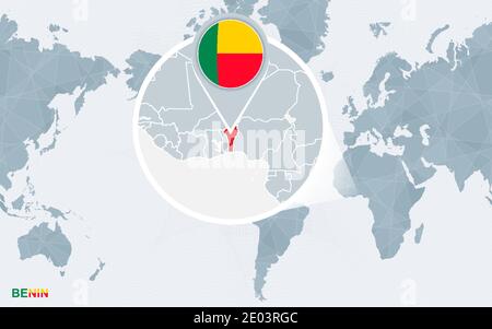 Carte du monde centrée sur l'Amérique avec le Bénin agrandi. Drapeau bleu et carte du Bénin. Illustration vectorielle abstraite. Illustration de Vecteur