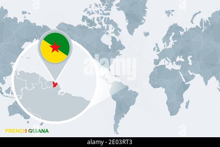 Carte du monde centrée sur l'Amérique avec la Guyane française magnifiée. Drapeau bleu et carte de la Guyane française. Illustration vectorielle abstraite. Illustration de Vecteur