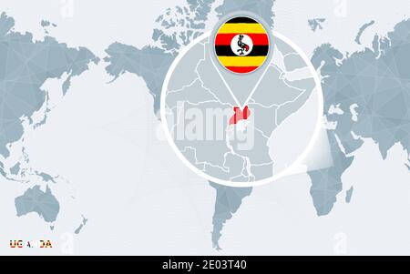 Carte du monde centrée sur l'Amérique avec l'Ouganda magnifié. Drapeau bleu et carte de l'Ouganda. Illustration vectorielle abstraite. Illustration de Vecteur