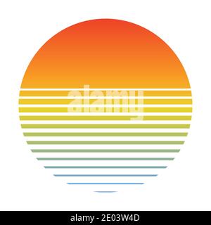Coucher de soleil rétro sur la mer avec silhouette de gradient de soleil et d'eau. Style vintage été logo Icon style années 80 90 Illustration de Vecteur