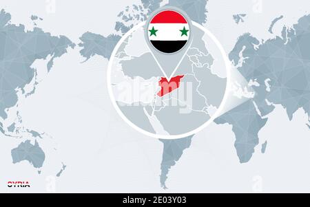 La carte du monde était centrée sur l'Amérique avec une Syrie grossie. Drapeau bleu et carte de la Syrie. Illustration vectorielle abstraite. Illustration de Vecteur