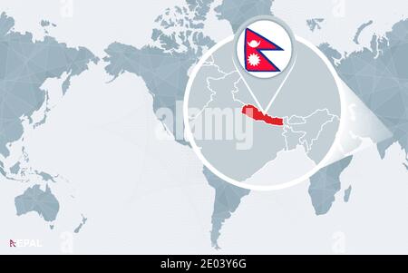 Carte du monde centrée sur l'Amérique avec le Népal magnifié. Drapeau bleu et carte du Népal. Illustration vectorielle abstraite. Illustration de Vecteur