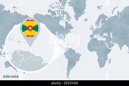 Carte du monde centrée sur l'Amérique avec Grenade magnifiée. Drapeau bleu et carte de Grenade. Illustration vectorielle abstraite. Illustration de Vecteur