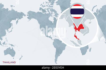 Carte du monde centrée sur l'Amérique avec la Thaïlande magnifiée. Drapeau bleu et carte de la Thaïlande. Illustration vectorielle abstraite. Illustration de Vecteur