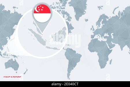 Carte du monde centrée sur l'Amérique avec Singapour magnifié. Drapeau bleu et carte de Singapour. Illustration vectorielle abstraite. Illustration de Vecteur