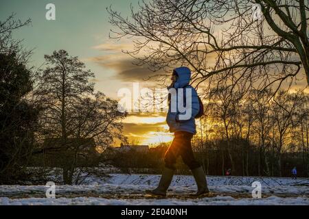 Kidderminster, Royaume-Uni. 29 décembre 2020. Météo au Royaume-Uni : avec une deuxième journée de averses de neige qui se poursuivent dans le Worcestershire, la journée se termine par un superbe coucher de soleil d'hiver donnant une lueur dorée aux marcheurs, enveloppé de chaleur et de profiter de leur parc local. Crédit : Lee Hudson/Alay Live News. Banque D'Images