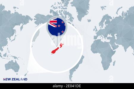 Carte du monde centrée sur l'Amérique avec la Nouvelle-Zélande magnifiée. Drapeau bleu et carte de la Nouvelle-Zélande. Illustration vectorielle abstraite. Illustration de Vecteur