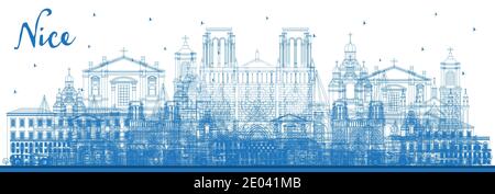 Contour de la ville de Nice France Skyline avec Blue Buildings. Illustration vectorielle. Voyages d'affaires et concept avec architecture historique. Illustration de Vecteur