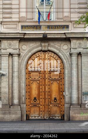 La porte d'entrée de la Banque de France à Lyon. Lyon, France, Europe Banque D'Images