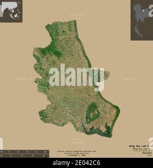 Nong Bua Lam Phu, province de Thaïlande. Imagerie satellite Sentinel-2. Forme isolée sur un arrière-plan solide avec des superpositions informatives. Contient modifié Banque D'Images