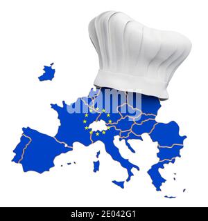 Concept européen de cuisine nationale, chapeau de chef avec drapeau de l'UE. Rendu 3D isolé sur fond blanc Banque D'Images