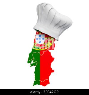 Concept de cuisine nationale portugaise. Chapeau de chef avec carte du Portugal. Rendu 3D isolé sur fond blanc Banque D'Images