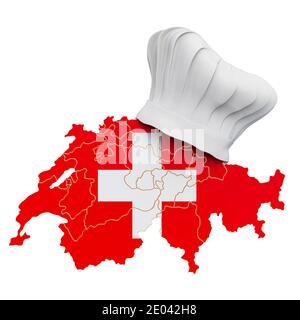 Concept de cuisine nationale suisse. Chapeau de chef avec carte de la Suisse. Rendu 3D isolé sur fond blanc Banque D'Images