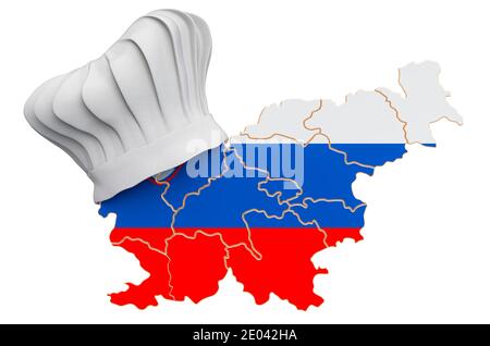 Concept slovène de cuisine nationale. Chapeau de chef avec carte de Slovénie. Rendu 3D isolé sur fond blanc Banque D'Images