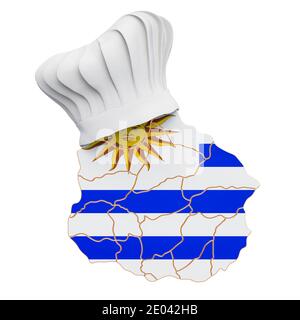 Concept de cuisine nationale uruguayenne. Chapeau de chef avec carte de l'Uruguay. Rendu 3D isolé sur fond blanc Banque D'Images