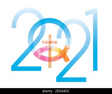 Jésus symbole poisson nouvelle année. 2021 nouvelle année avec Jésus symbole poisson avec croix. Isolé sur fond blanc. Vecteur disponible. Illustration de Vecteur