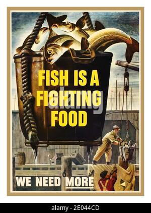 FISH Vintage WW2 Poster de propagande «le poisson est une nourriture de combat. Nous avons besoin de plus. Production alimentaire pendant la Seconde Guerre mondiale des années 1940 Banque D'Images