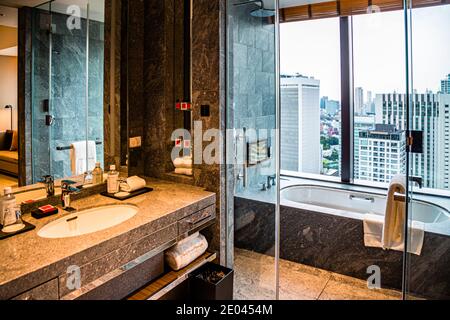 Vue depuis la salle de bains de l'hôtel Okura sur les toits de Tokyo, Minato, Japon. Baignoire dans la foule - salle de bains avec vue sur la méga ville de Tokyo Banque D'Images