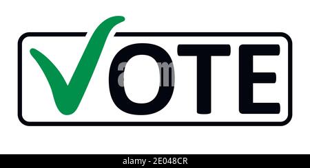 Mot vote avec une coche verte au lieu de la lettre V dans le cadre de la boîte, vecteur concept des élections le référendum l'électorat, vote dans une boîte Illustration de Vecteur
