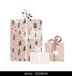 Cadeaux de Noël et du nouvel an dessinés à la main sur fond blanc. Ensemble de boîtes-cadeaux mignons. Illustration vectorielle. Collection de cadeaux de Noël ou d'anniversaire Illustration de Vecteur