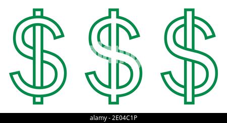 Icône définir symbole d'argent dollar, lettre S entrelacée avec une bande verticale, vecteur définir symbole de devise dollar vert Illustration de Vecteur