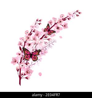 Une branche de sakura aux pétales de chute. Papillon sur une branche rose printemps. Illustration vectorielle Illustration de Vecteur