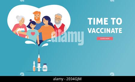 Conception du concept de vaccination familiale. Le temps de vacciner bannière - seringue avec le vaccin pour le COVID-19, la grippe ou la grippe et une famille Illustration de Vecteur