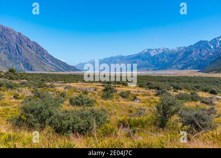 Glace fondue laissant le glacier Tasman jusqu'à une vallée à Aoraki / Mt. Parc national Cook en Nouvelle-Zélande Banque D'Images