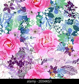 Un arrière-plan sans couture avec des fleurs et des feuilles rouges et bleues. Illustration vectorielle Illustration de Vecteur