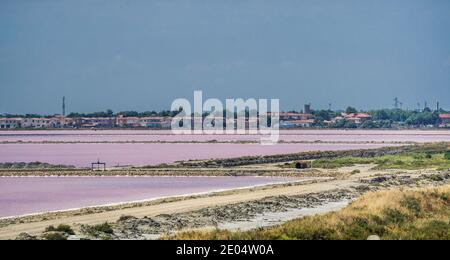 La surface rose des fêtes pour l’extraction du sel de mer naturel à Salin de Giraud, située dans le delta sud-est du Rhône de la Camargue Banque D'Images
