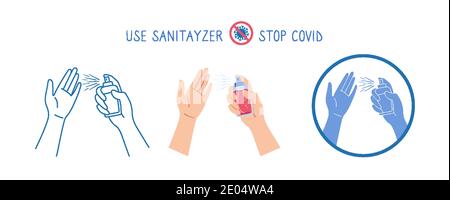 Les mains Symbol contiennent un kit antibactérien, antiviral spray, une ligne de dessin animé et un style glyphe. Icône d'arrêt du coronavirus. Lavage à plat des mains, antibactérien utilisation sanitaire antiseptique. Illustration vectorielle Illustration de Vecteur