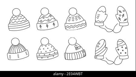 Ensemble bonnet tricoté en forme de contour. Coiffures d'hiver confortables avec pompon. Vêtements chauds en maille de Noël de saison. Heure de l'hygge, accessoire mignon de vacances. Casquettes pour la saison froide. Isolé sur une illustration vectorielle blanche Illustration de Vecteur