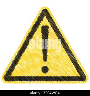 Attention signe triangle d'avertissement autocollant vecteur triangle jaune avec point d'exclamation, crayon de dessin animé Doodle Illustration de Vecteur