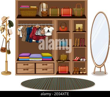 Vêtements suspendus sur une corde à linge avec accessoires dans l'illustration de l'armoire Illustration de Vecteur